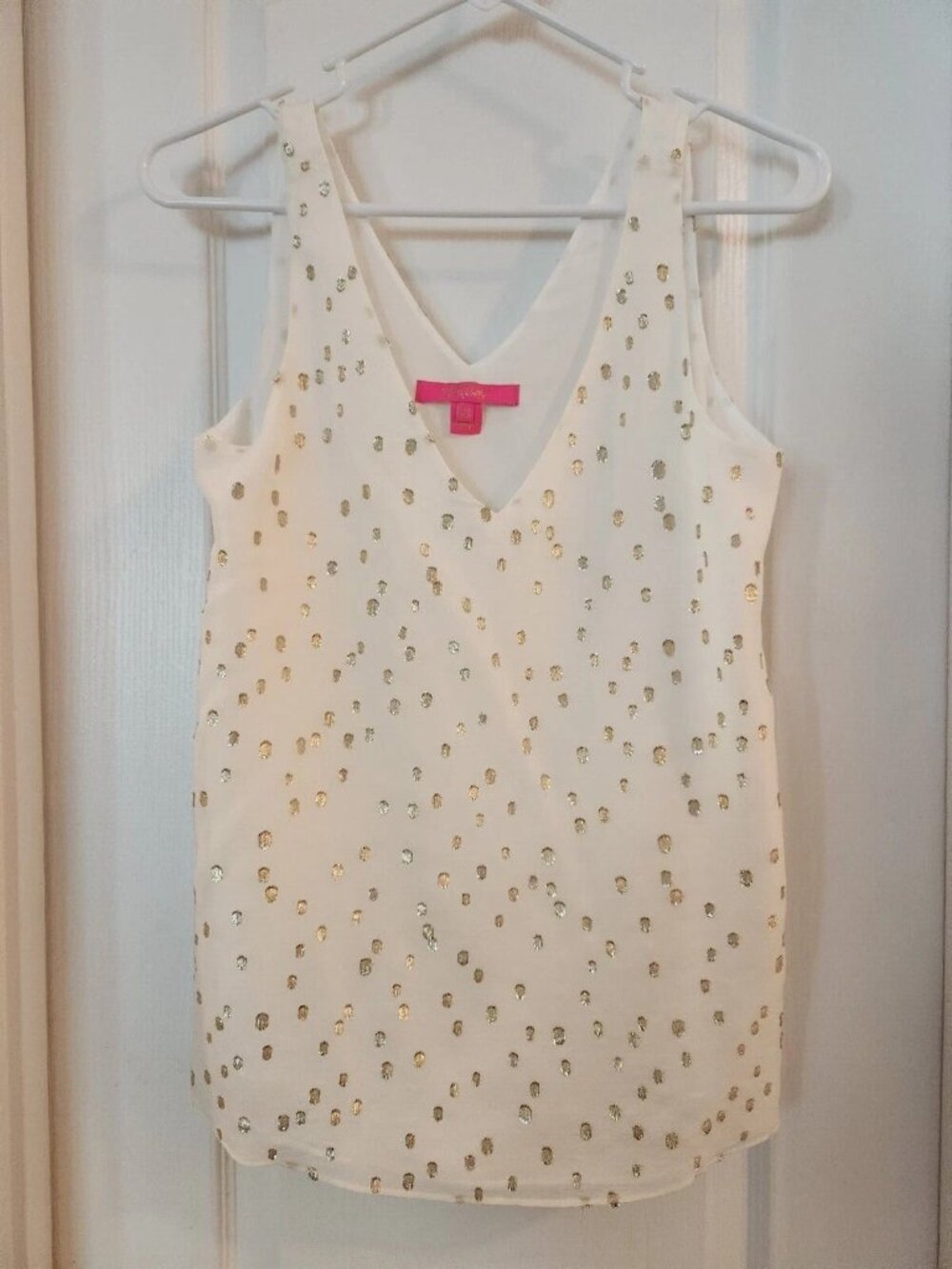 Lilly Pulitzer, Florin Silk Tank Top, Color: Coconut Gold Clip Dot, Size XL